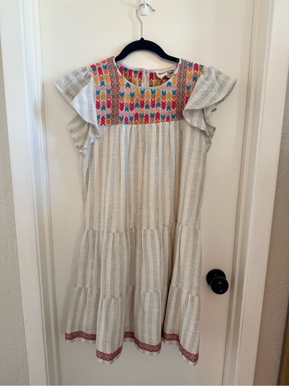 Savanna Jane Cream and Gray Striped Dress with Colorful Embroidered Yoke